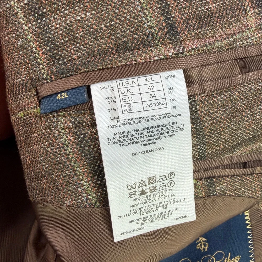 Brooks Brothers Sport Coat Mens 42L Brown Regent Plaid Wool Silk Linen E. Thomas